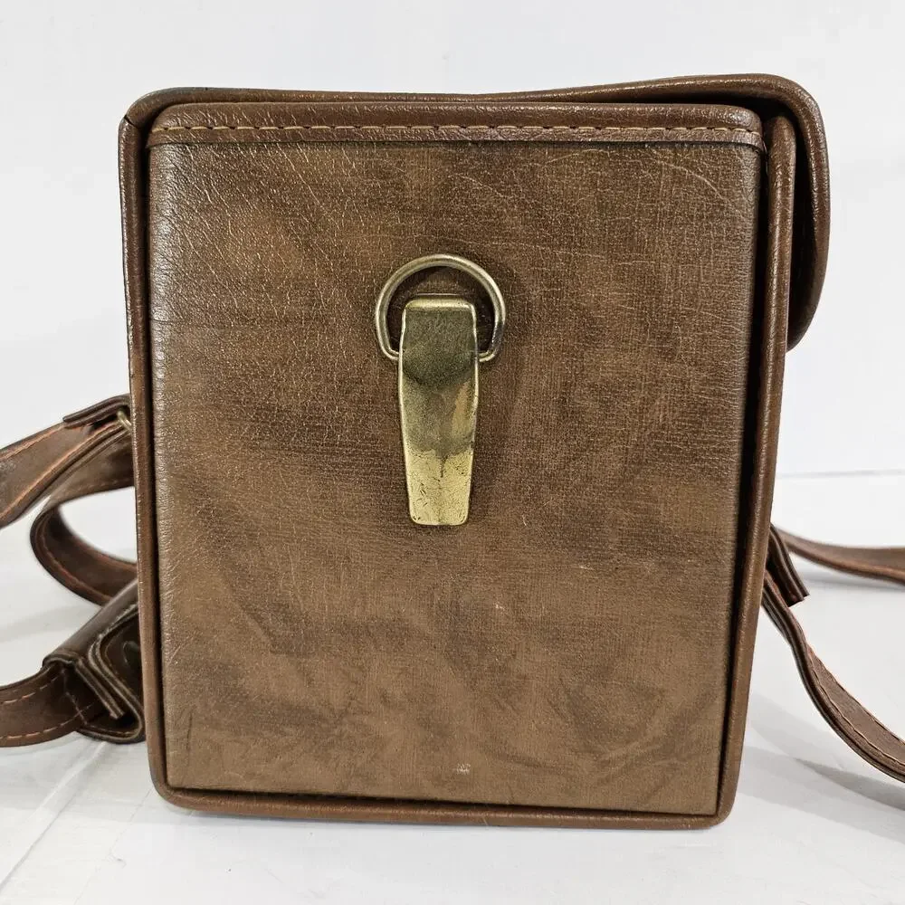 Vintage Brown Leather Camera Case Hard Shell Retro Travel Bag w/ Strap